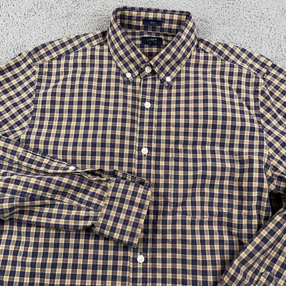 J Crew Shirt Mens Medium Blue Tan Plaid Slim Fit Button Front Cotton Casual - Picture 1 of 10